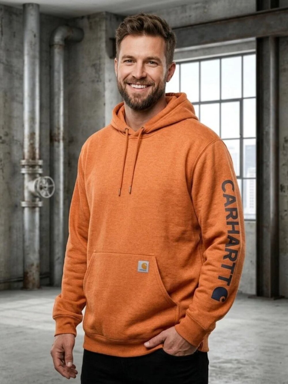 Carhartt Orange Loose Fit Sleeve Logo Pullover Hoodie Sweatshirt Men's XL